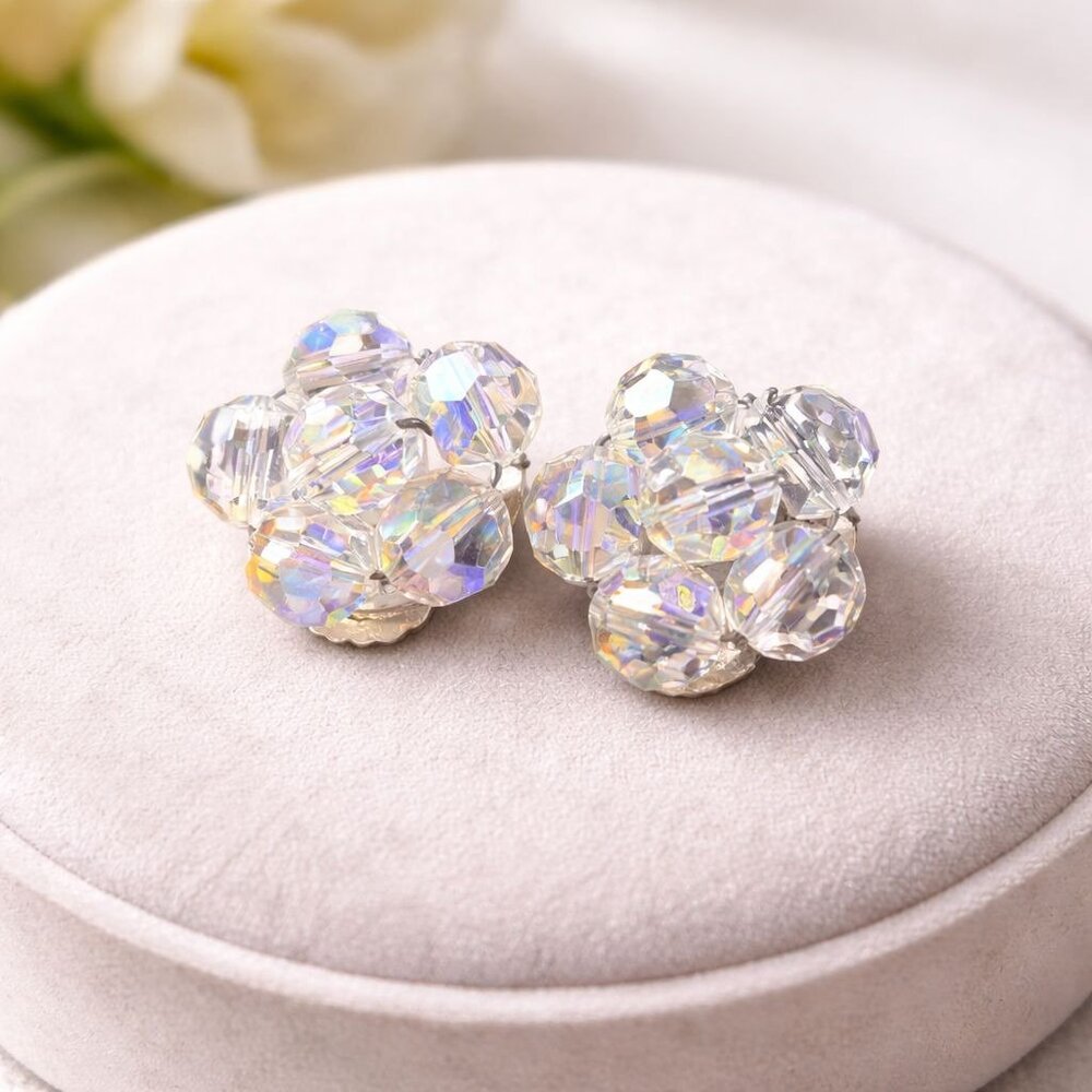 Vintage Aurora Borealis Crystal Cluster Earrings Floral Clip On Mid Century